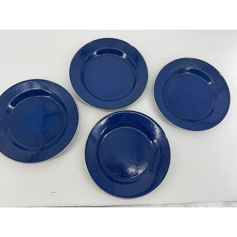 Vintage Blue Enamelware Dinner Plates White Speckled Silver Rim Camping Set of 4